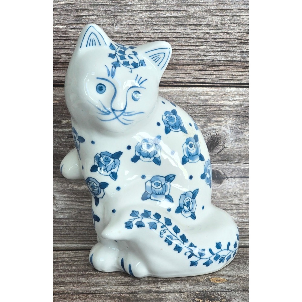 Vintage Blue and White Porcelain Cat Figurine Blue Rose Floral Ceramic 8 inch